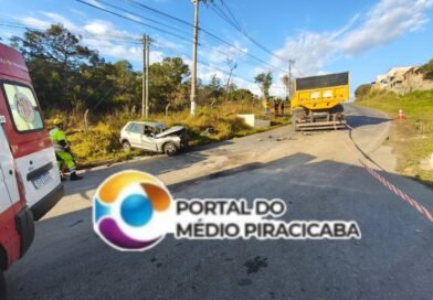 IBIRITÉ: COLISÃO ENTRE CARRO E CAMINHÃO DEIXA CONDUTORA PRESA ÀS FERRAGENS