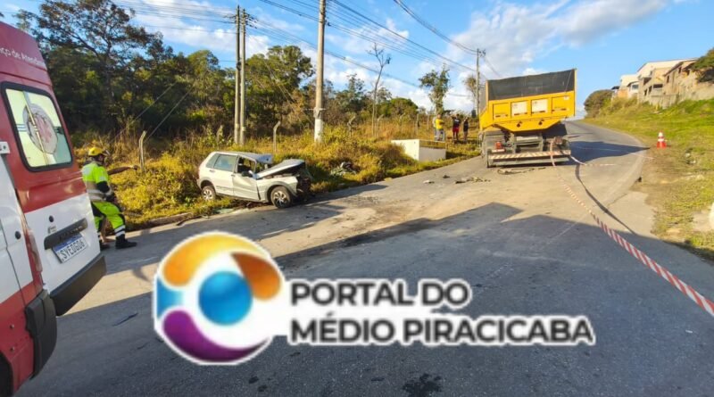 IBIRITÉ: COLISÃO ENTRE CARRO E CAMINHÃO DEIXA CONDUTORA PRESA ÀS FERRAGENS