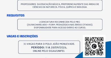UNIFEI abre inscrições para curso de especialização em Ensino de Ciências com 30 vagas para o polo de João Monlevade