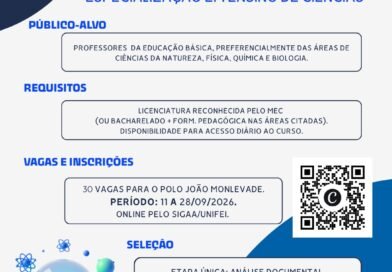 UNIFEI abre inscrições para curso de especialização em Ensino de Ciências com 30 vagas para o polo de João Monlevade