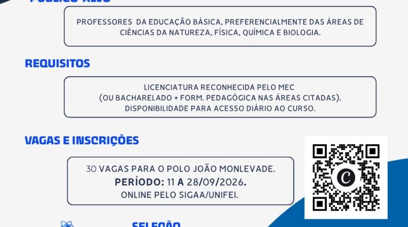 UNIFEI abre inscrições para curso de especialização em Ensino de Ciências com 30 vagas para o polo de João Monlevade