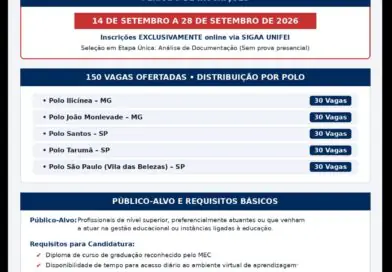 UNIFEI abre inscrições para curso de especialização em Gestão Escolar com 30 vagas para João Monlevade